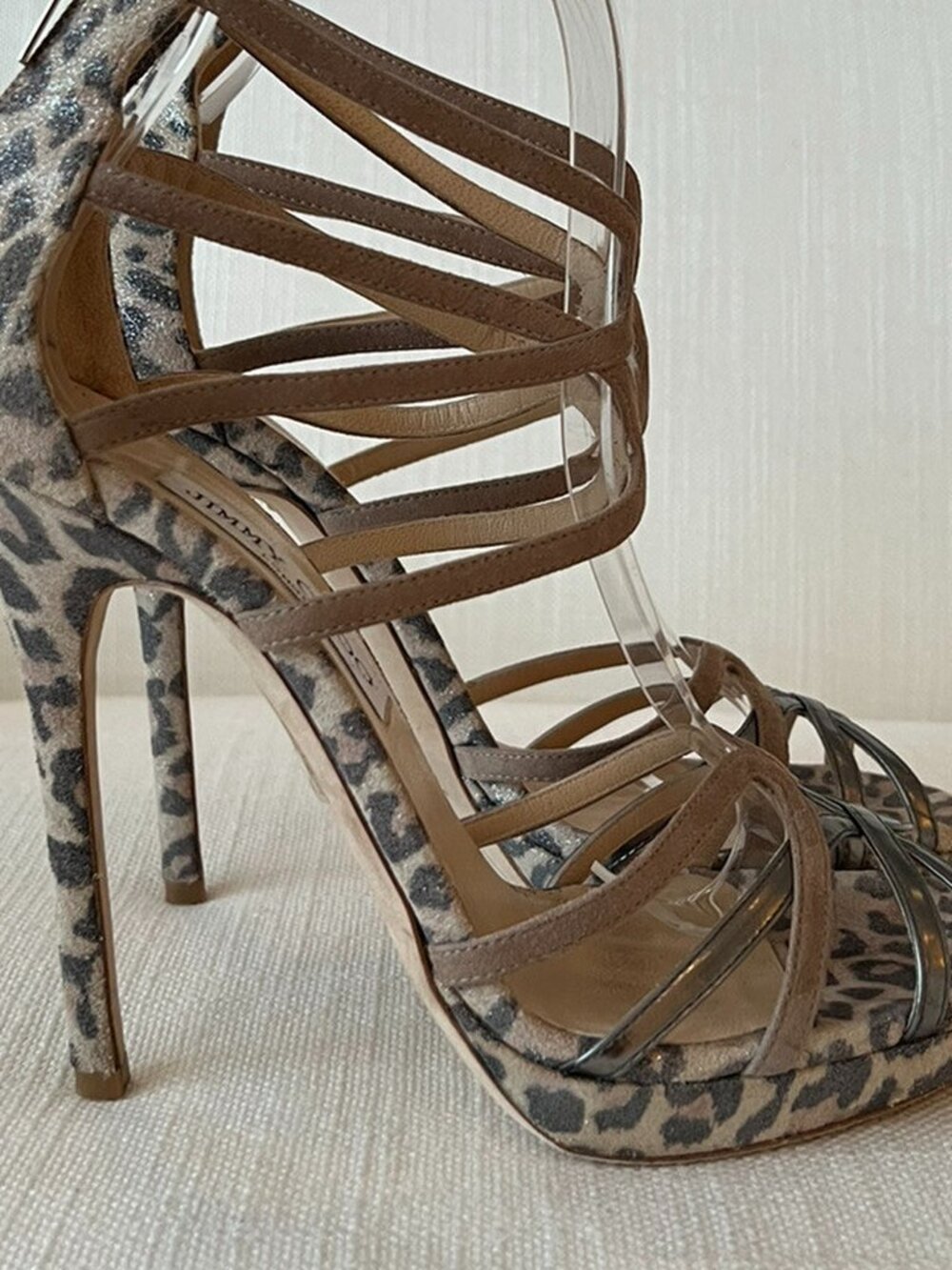 Jimmy Choo Metallic Beige & Leopard Suede Florida Sandals